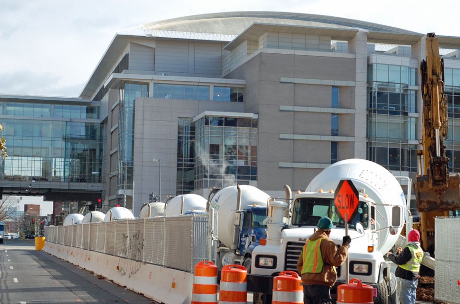 A row of trucks line up for duty alongside the construction site. The hotel is expected to open for business in Spring 2014, according to the WCSA.
