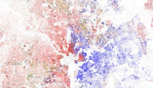 Map of racial and ethnic divisions in US cities, inspired by Bill Rankin's map of Chicago, updated for Census 2010.  Red is White, Blue is Black, Green is Asian, Orange is Hispanic, Yellow is Other, and each dot is 25 residents.  Data from Census 2010. Base map © OpenStreetMap, CC-BY-SA.